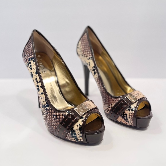 Guess a Snakeskin 4” Heels, Brown/Tan, Size 9 - Picture 2 of 13